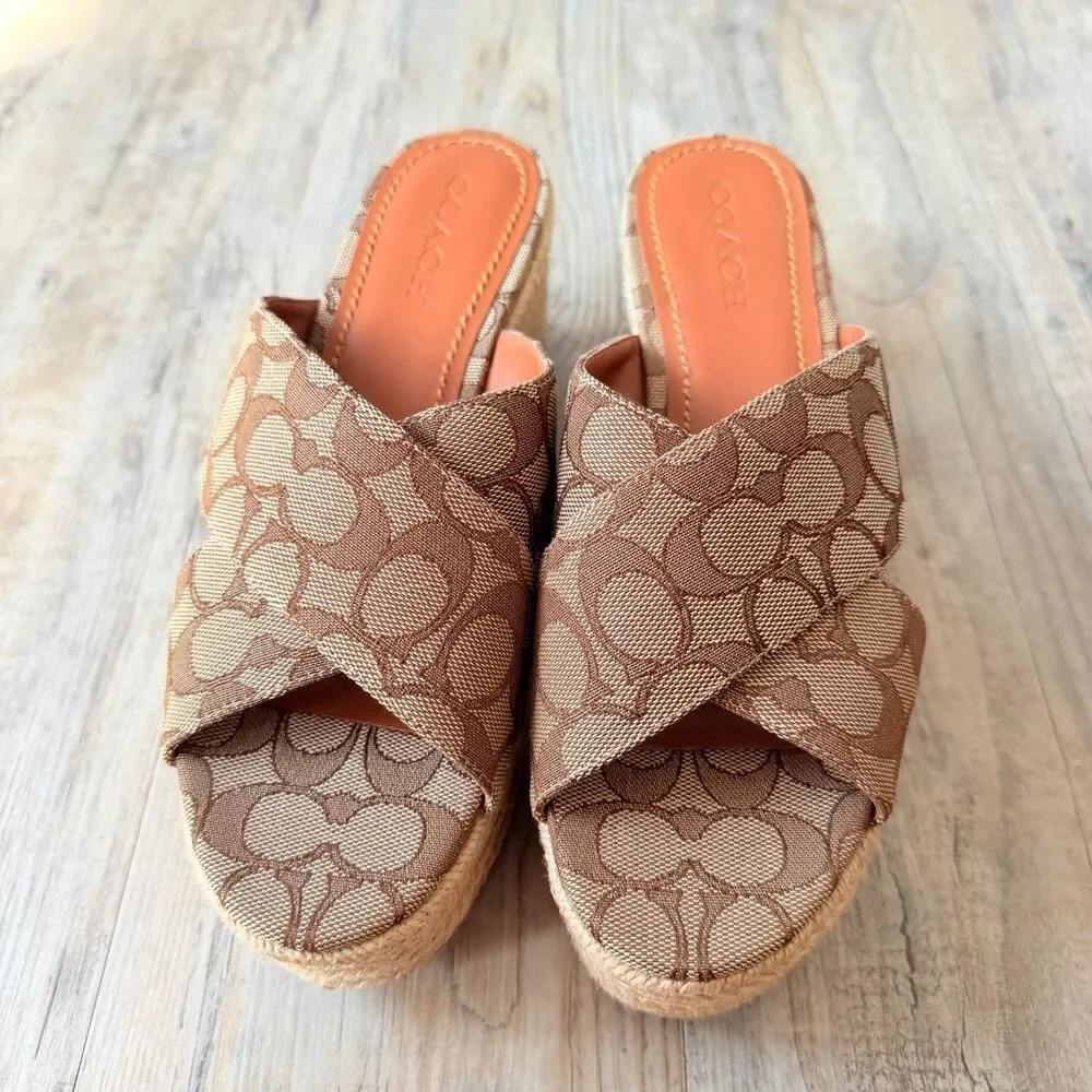 Coach Signature Espadrille Wedge Sandals Brown Tan Y2K Size 10B Vintage
